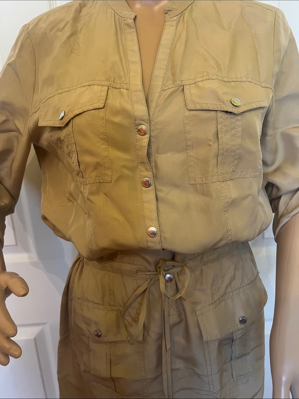 Women's Silk Tan Utility Shirt Dress - Casual Drawstring Waist S/P - Picture 2 of 8